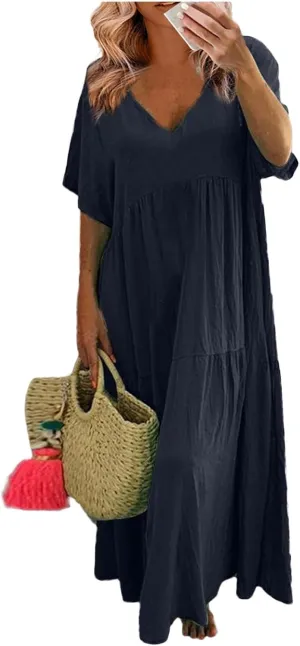 Linen Dresses for Women 2025 Plus Size Short Sleeve V Neck Tiered Maxi Dress Loose Comfy Summer Vacation Beach Dress