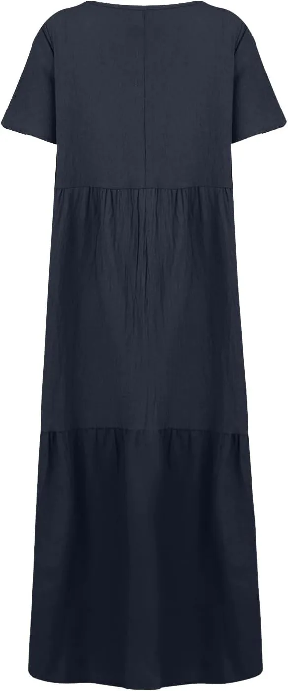 Linen Dresses for Women 2025 Plus Size Short Sleeve V Neck Tiered Maxi Dress Loose Comfy Summer Vacation Beach Dress