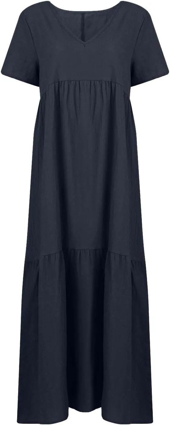 Linen Dresses for Women 2025 Plus Size Short Sleeve V Neck Tiered Maxi Dress Loose Comfy Summer Vacation Beach Dress