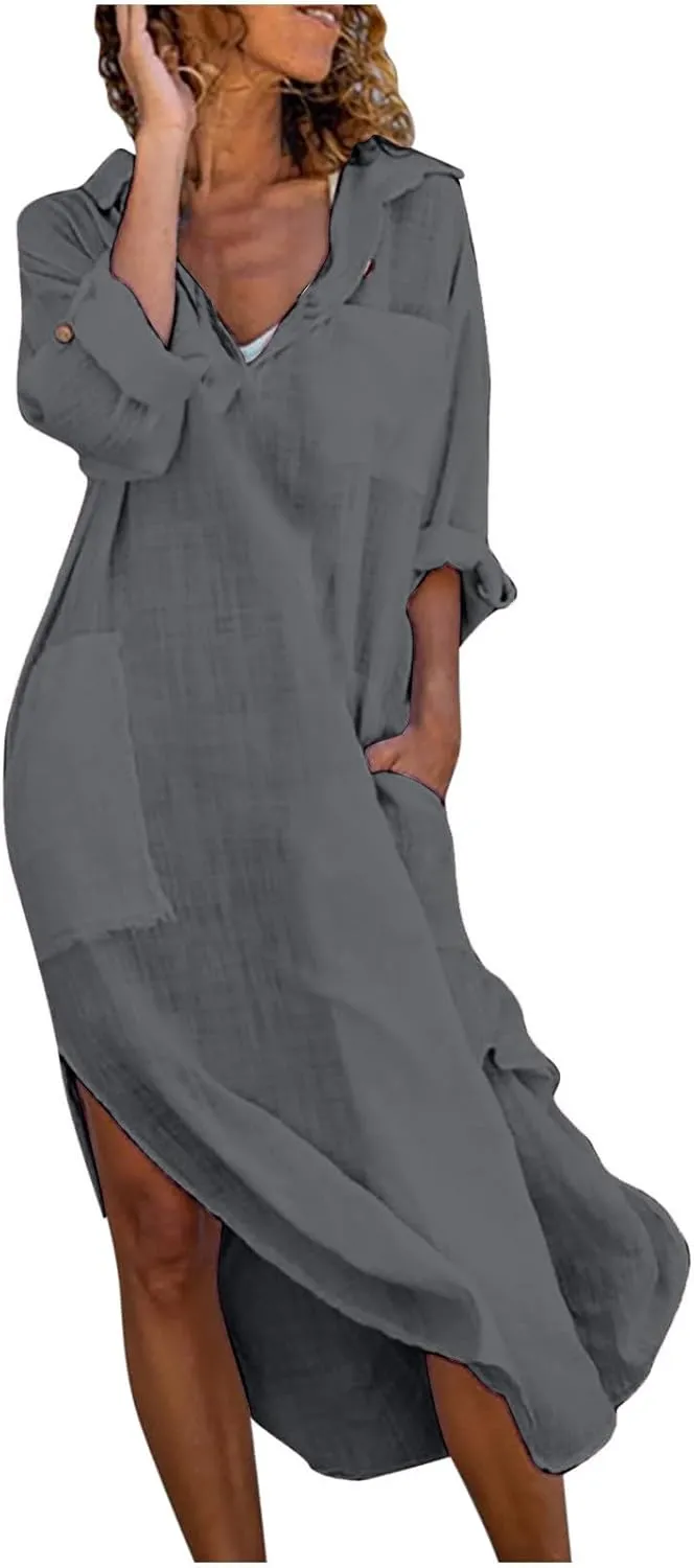 Linen Maxi Dress for Women Button Down Vacation Dress Casual Beach Dresses 2025 Flowy Summer Sun Dress with Pockets