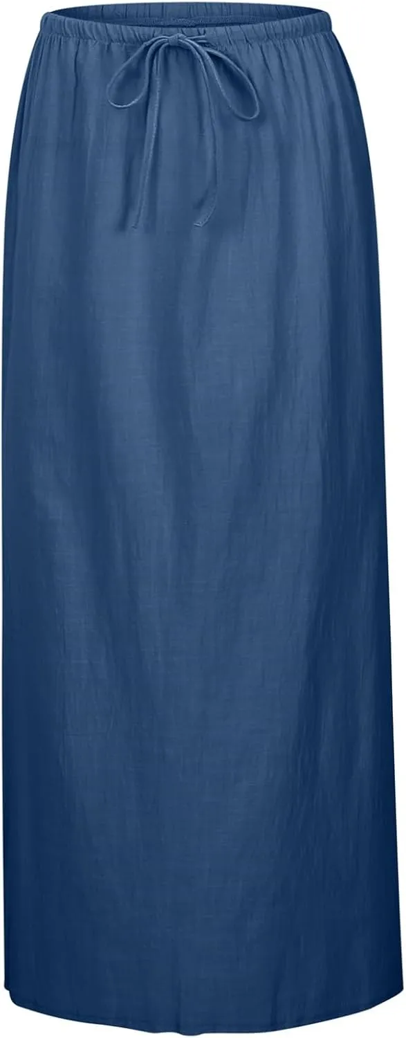 Linen Maxi Skirts for Women Drawstring High Waisted Lighweight Skirt Elastic Waisted Comfortable Straight Leg Skorts