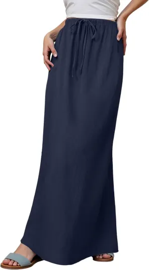 Linen Maxi Skirts for Women Drawstring High Waisted Lighweight Skirt Elastic Waisted Comfortable Straight Leg Skorts
