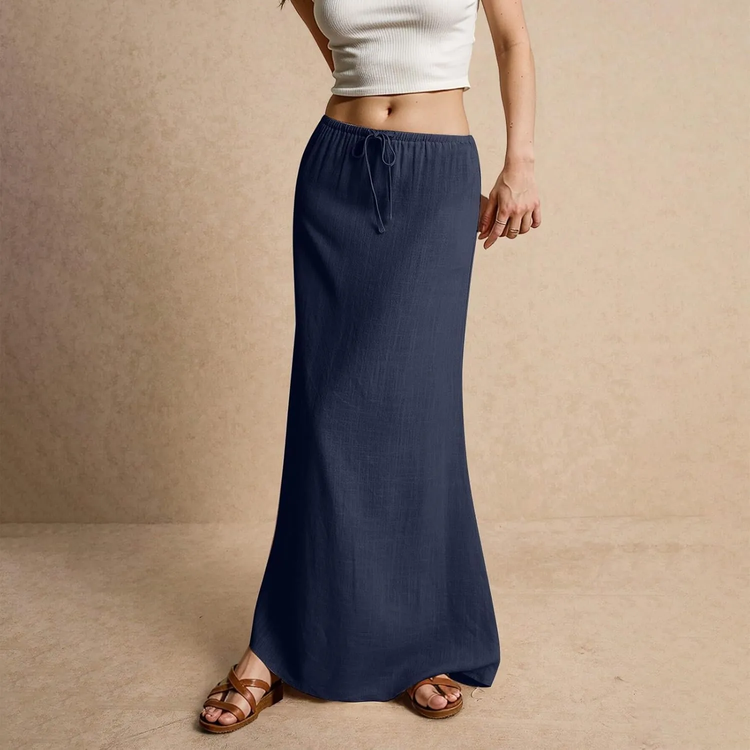 Linen Maxi Skirts for Women Trendy Summer Casual Drawstring Elastic Waist A Line Skirt Boho Beach Long Flowy Skirt