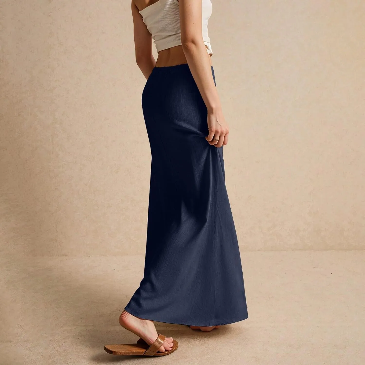 Linen Maxi Skirts for Women Trendy Summer Casual Drawstring Elastic Waist A Line Skirt Boho Beach Long Flowy Skirt
