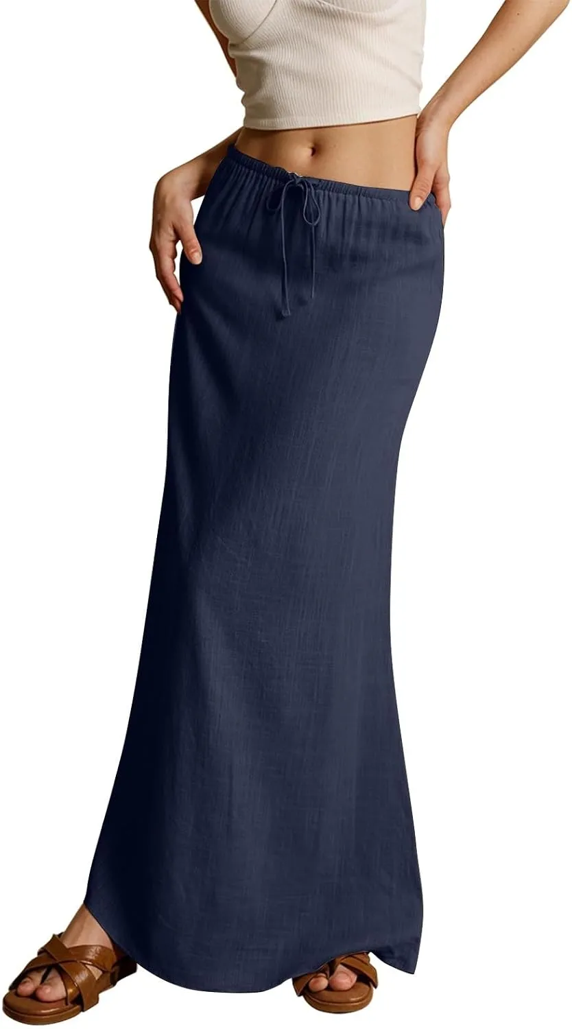 Linen Maxi Skirts for Women Trendy Summer Casual Drawstring Elastic Waist A Line Skirt Boho Beach Long Flowy Skirt