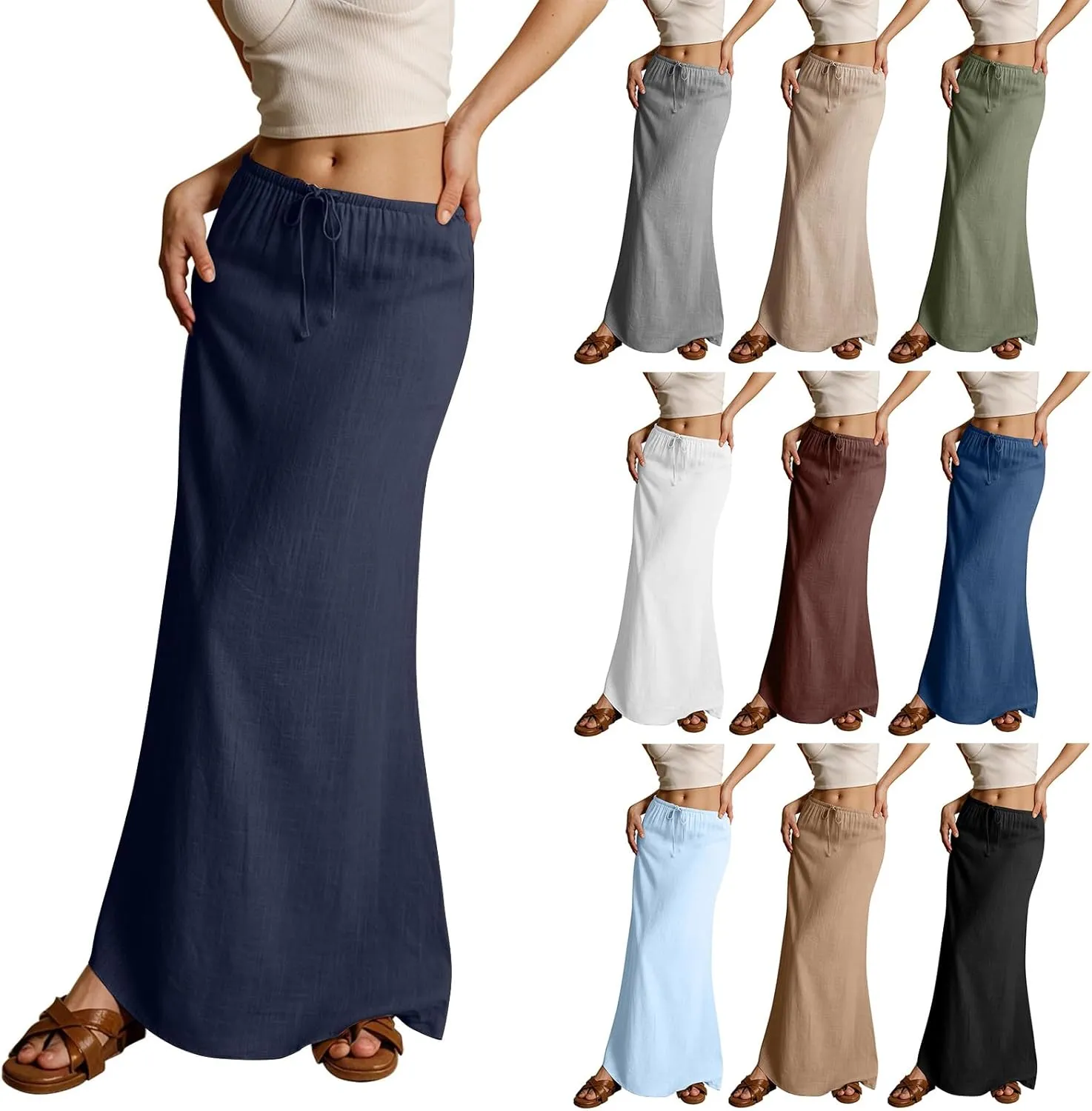 Linen Maxi Skirts for Women Trendy Summer Casual Drawstring Elastic Waist A Line Skirt Boho Beach Long Flowy Skirt