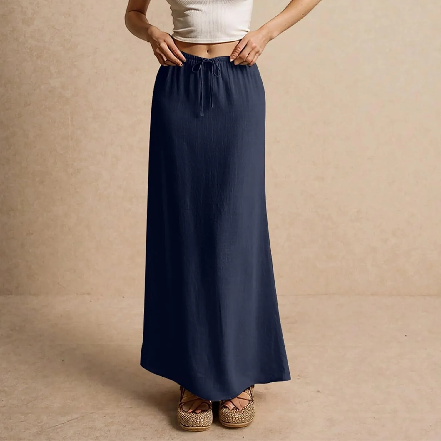 Linen Maxi Skirts for Women Trendy Summer Casual Drawstring Elastic Waist A Line Skirt Boho Beach Long Flowy Skirt