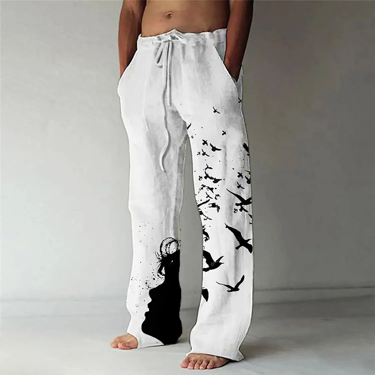 Linen Pants for Men, Mens Casual Pants Lightweight Drawstring Summer Beach Pants Elastic Waist Linen Pants