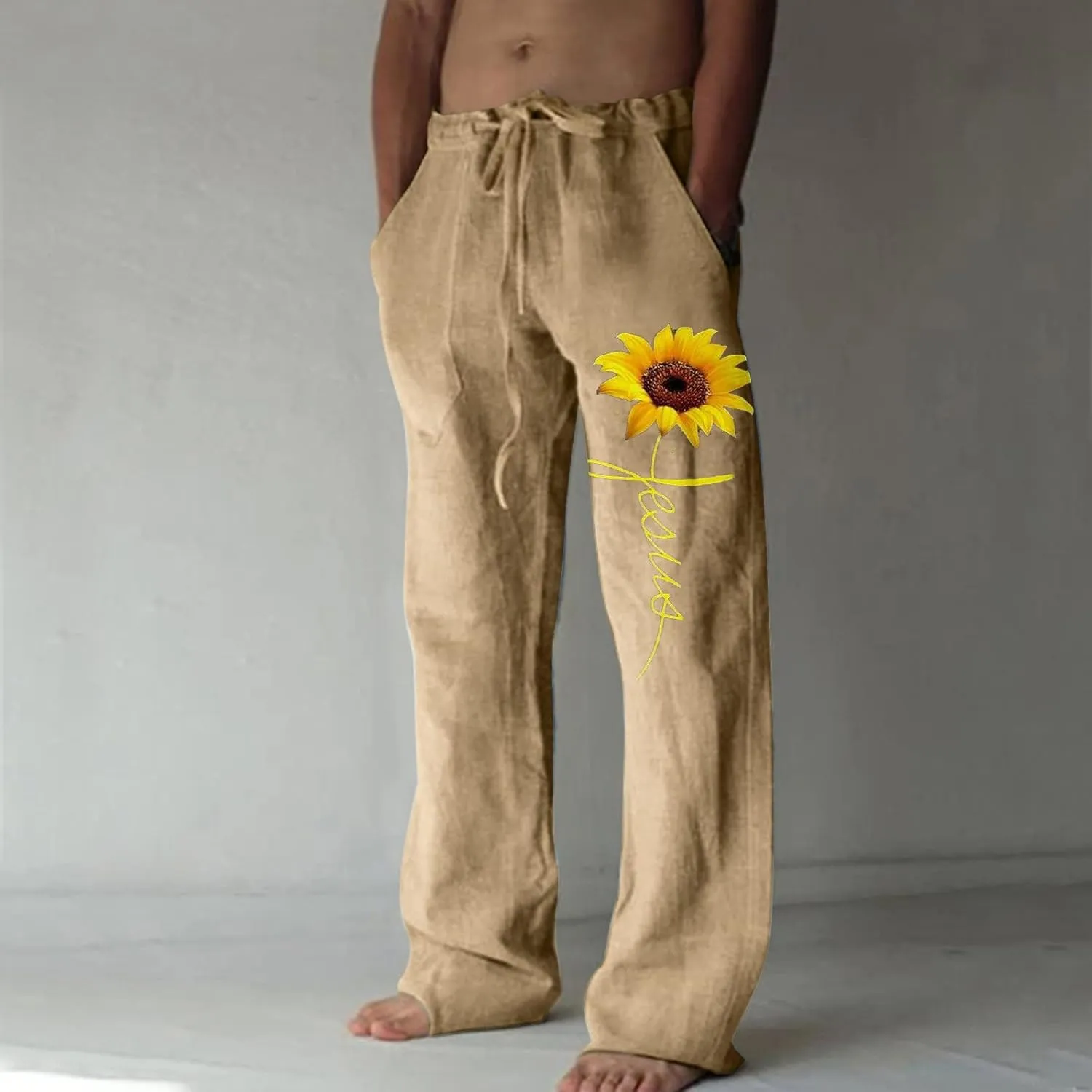 Linen Pants for Men, Mens Casual Pants Lightweight Drawstring Summer Beach Pants Elastic Waist Linen Pants