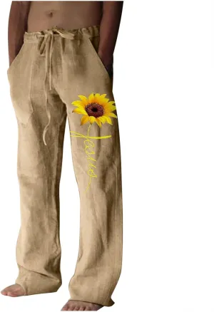 Linen Pants for Men, Mens Casual Pants Lightweight Drawstring Summer Beach Pants Elastic Waist Linen Pants