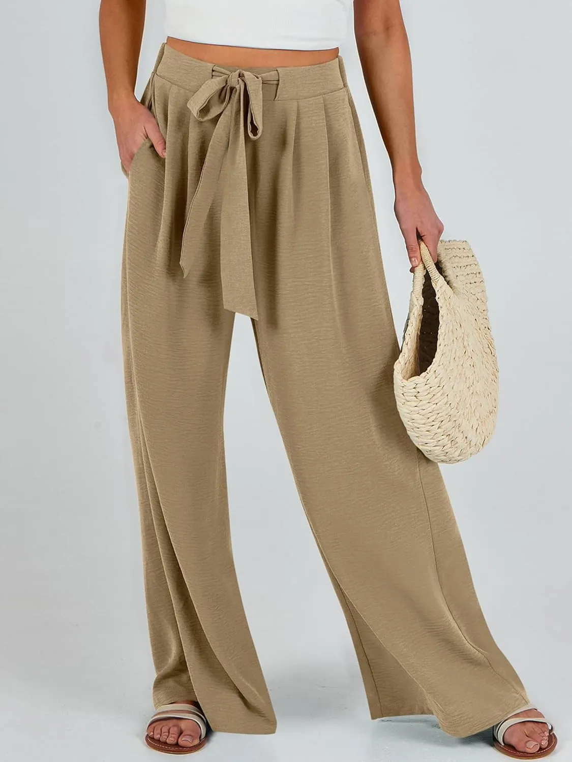 Linen Pants Women High Waist Wide Leg Summer Flowy Trousers Lightweight Casual Beach Travel Lounge Vacation Clothes