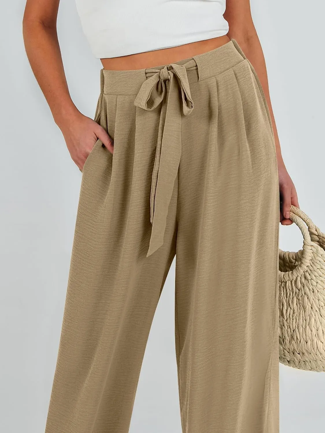 Linen Pants Women High Waist Wide Leg Summer Flowy Trousers Lightweight Casual Beach Travel Lounge Vacation Clothes