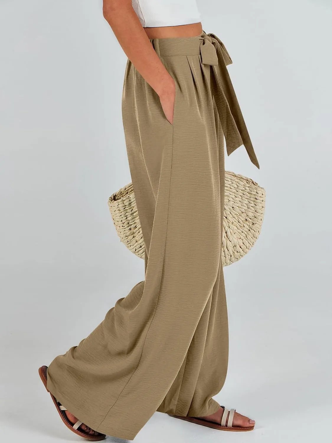 Linen Pants Women High Waist Wide Leg Summer Flowy Trousers Lightweight Casual Beach Travel Lounge Vacation Clothes