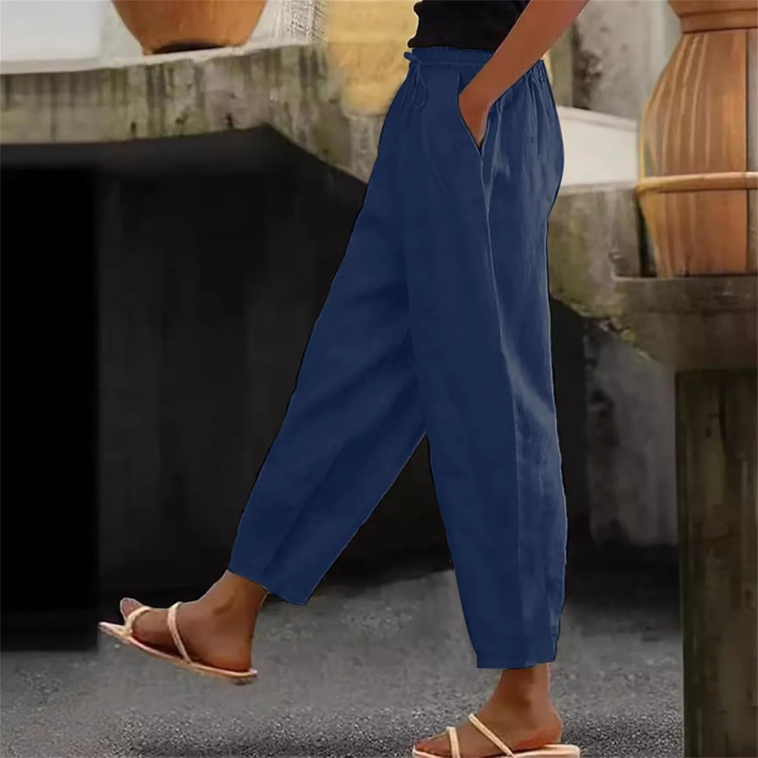 Linen Pants Women Petite 2025 Summer Elastic Drawstring Casual Trouser Lightweight Soft Beach Lounge Pant with Pocket