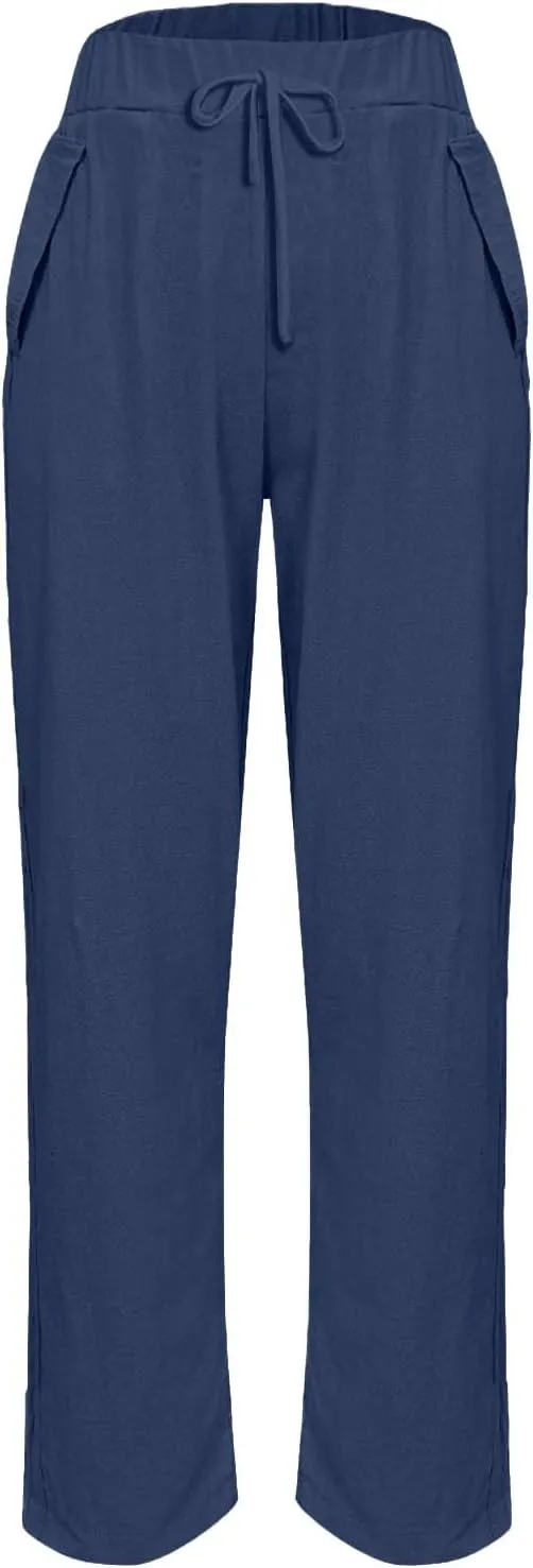 Linen Pants Women Petite 2025 Summer Elastic Drawstring Casual Trouser Lightweight Soft Beach Lounge Pant with Pocket