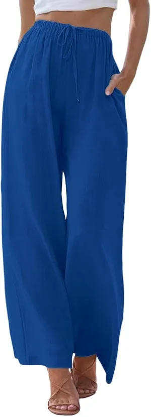 Linen Pants Women Summer Casual Boho Wide Leg Palazzo Pant High Waist Lightweight Flowy Beach Outfits Travel Vacation