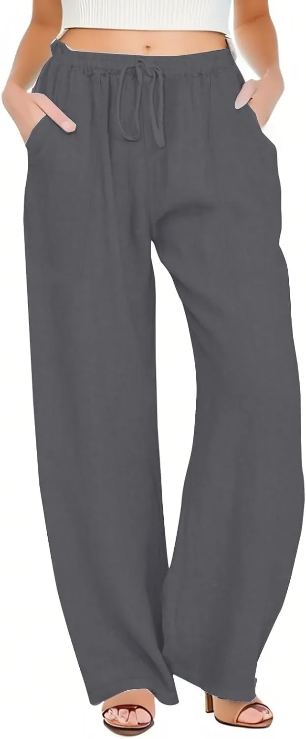 Linen Pants Women Summer High Waisted Pants Wide Leg Lounge Pants Beach Trouser Pants with Pockets