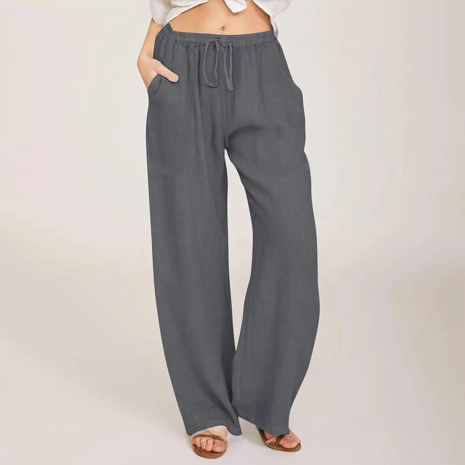 Linen Pants Women Summer High Waisted Pants Wide Leg Lounge Pants Beach Trouser Pants with Pockets