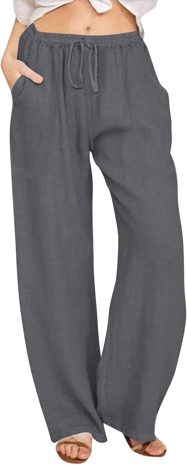 Linen Pants Women Summer High Waisted Pants Wide Leg Lounge Pants Beach Trouser Pants with Pockets