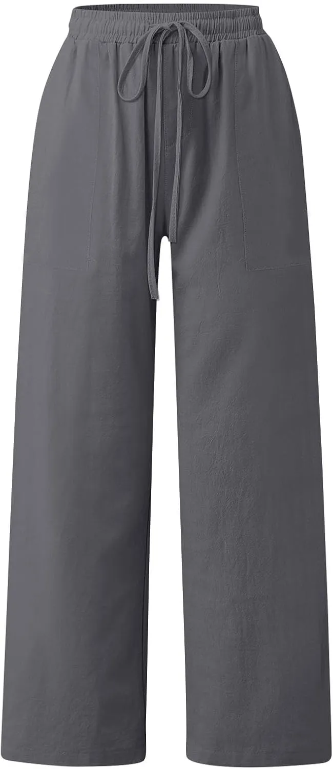 Linen Pants Women Summer High Waisted Pants Wide Leg Lounge Pants Beach Trouser Pants with Pockets