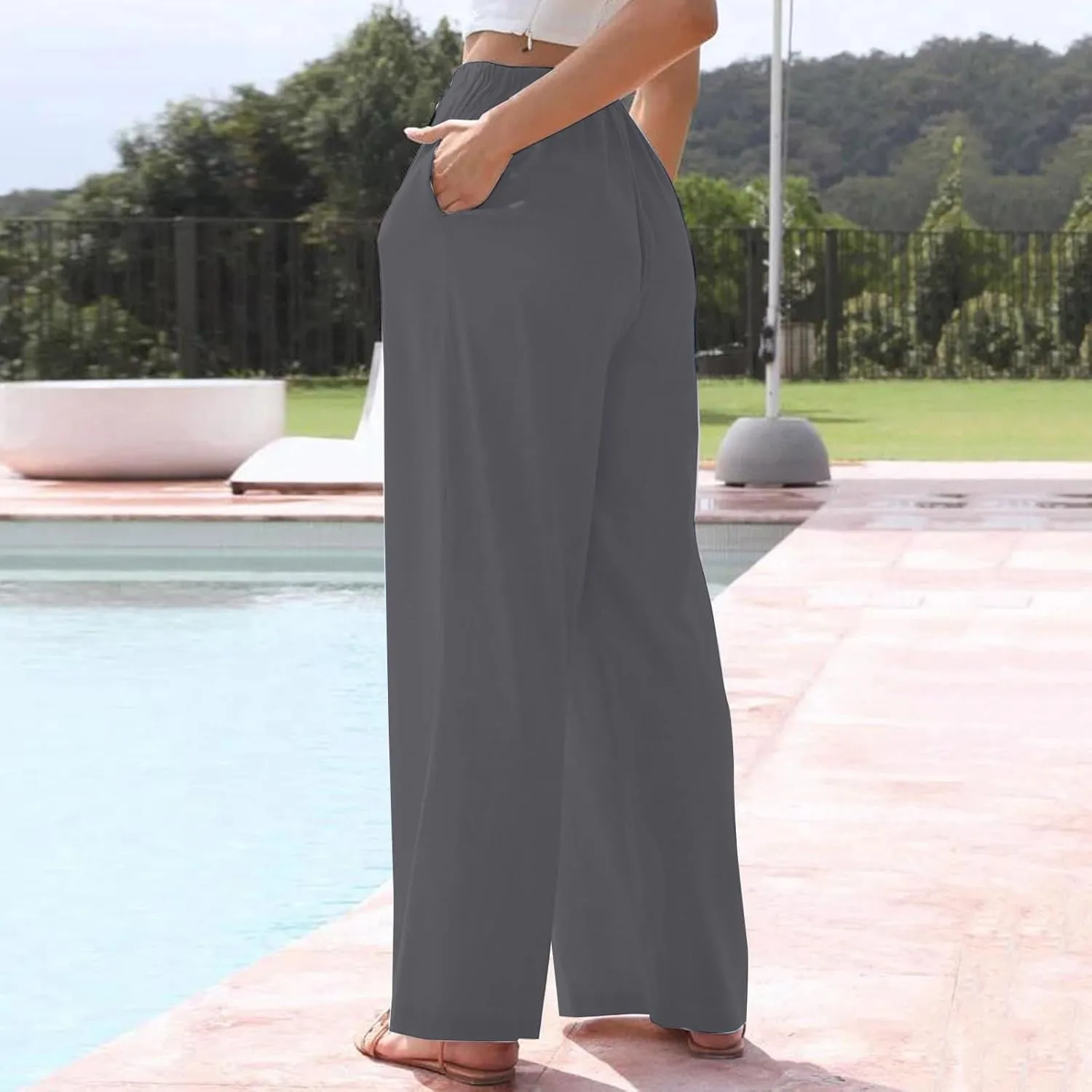 Linen Pants Women Summer High Waisted Pants Wide Leg Lounge Pants Beach Trouser Pants with Pockets