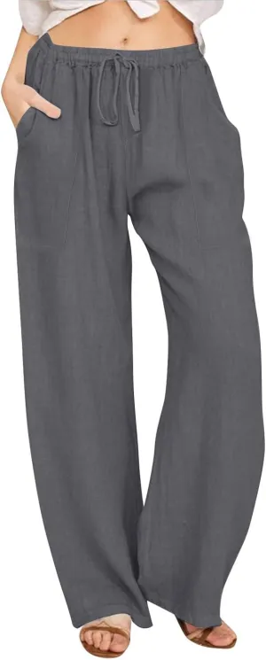 Linen Pants Women Summer High Waisted Pants Wide Leg Lounge Pants Beach Trouser Pants with Pockets
