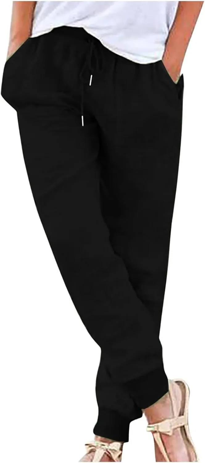 Linen Pants Women Tapered Elastic Waist Pants Straight Leg Drawstring Slim Fit Summer Beach Trousers with Pockets