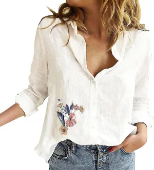 Linen Shirts for Women Summer Boho Floral Print Tops Elegant V Neck Button Casual Cotton Linen T Shirt Long Sleeve
