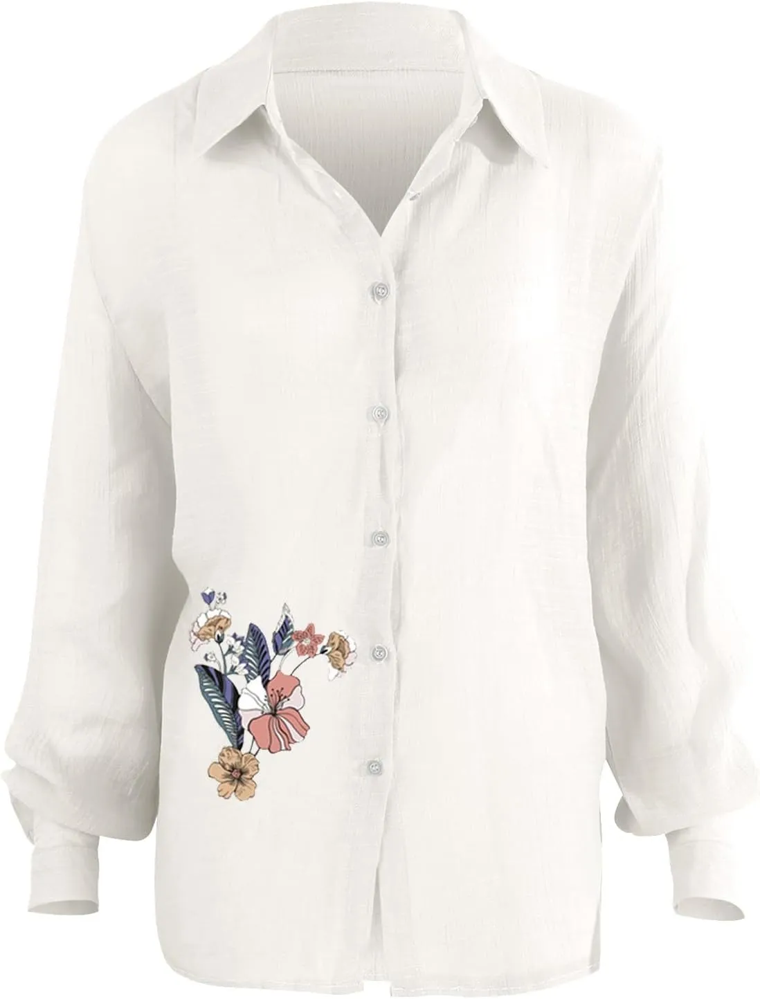 Linen Shirts for Women Summer Boho Floral Print Tops Elegant V Neck Button Casual Cotton Linen T Shirt Long Sleeve