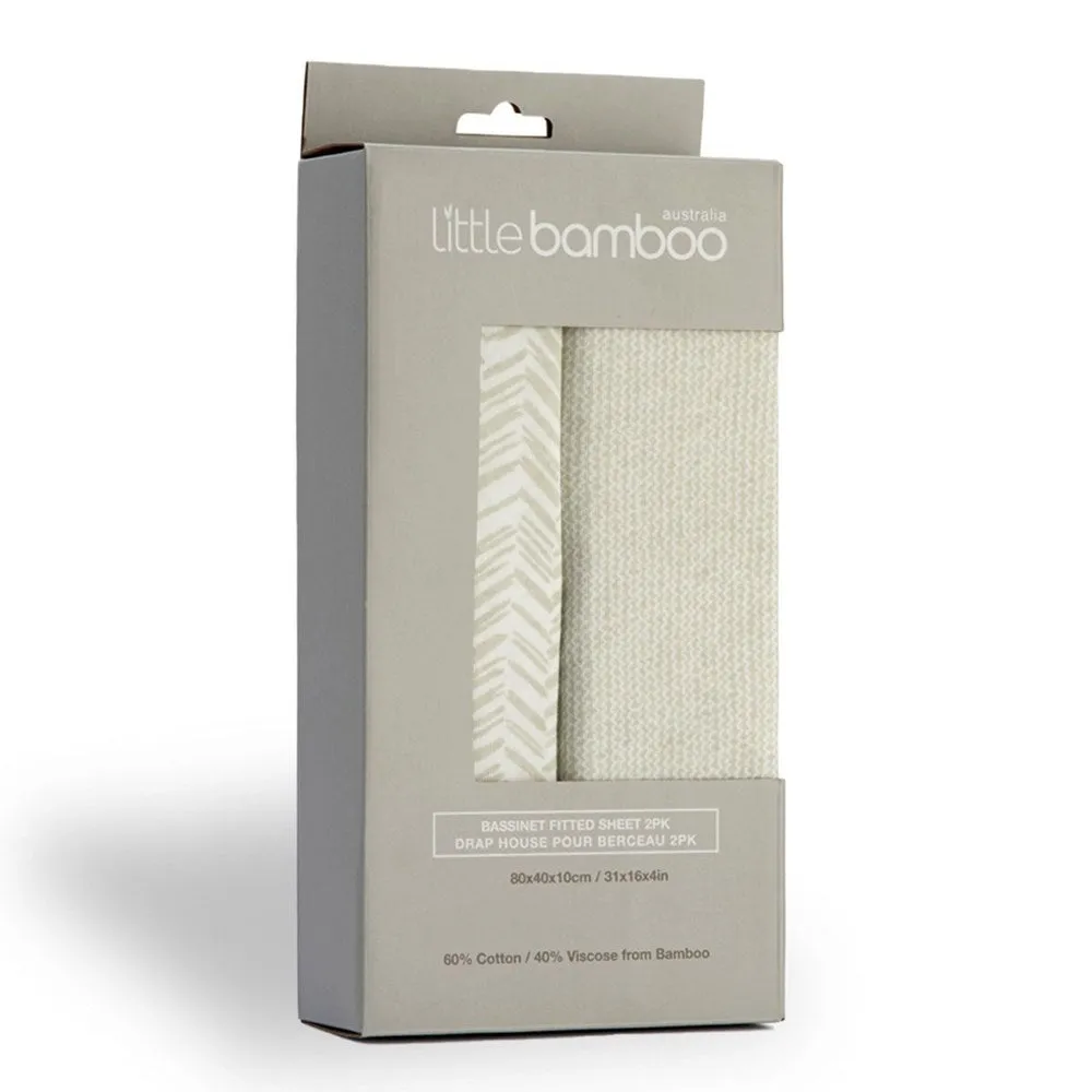 Little Linen Bamboo Jersey Fitted Sheet Bassinet 2Pk Herringbone Whisper