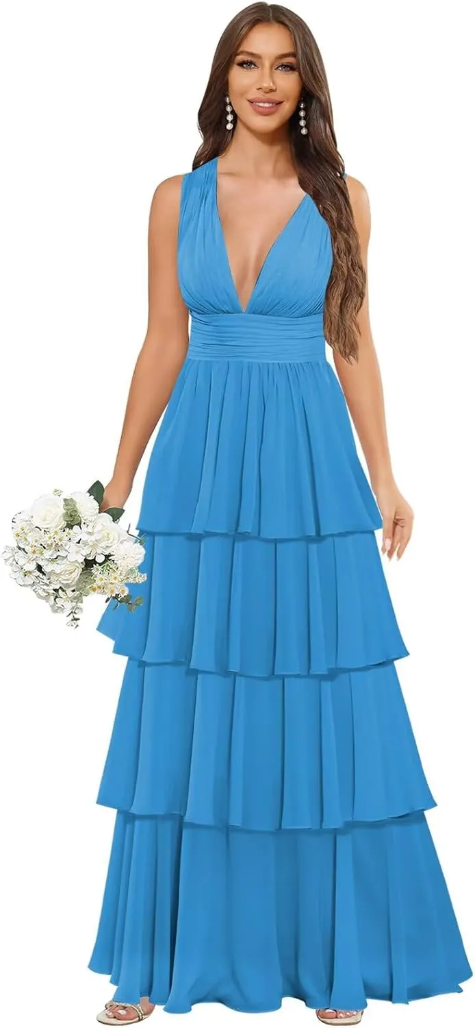 Long Chiffon Tiered Bridesmaid Dresses for Women A Line Pleated V Neck Ruffles Formal Evening Gown