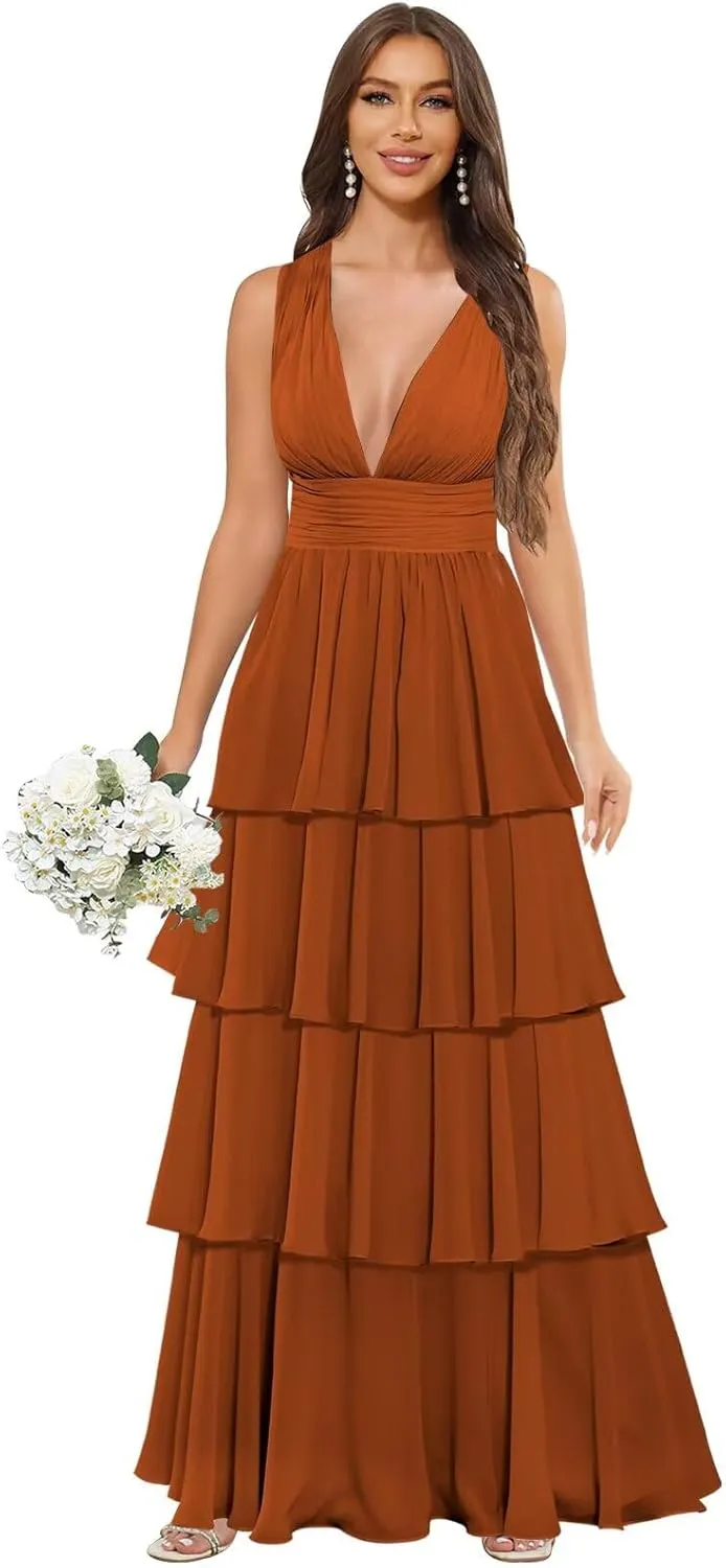 Long Chiffon Tiered Bridesmaid Dresses for Women A Line Pleated V Neck Ruffles Formal Evening Gown