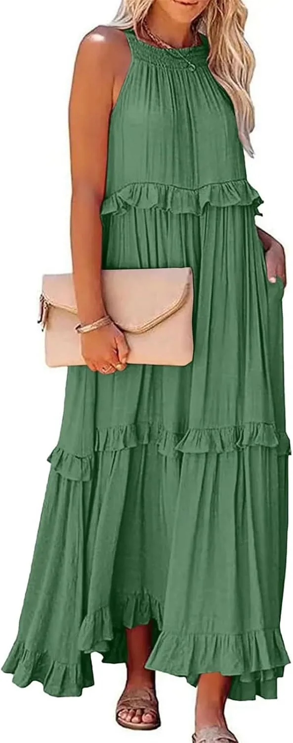 Long Dresses for Women Sleeveless Smocked Ruffle Halter Neck Maxi Dress Summer Tiered Flowy Swing A Line Sundresses