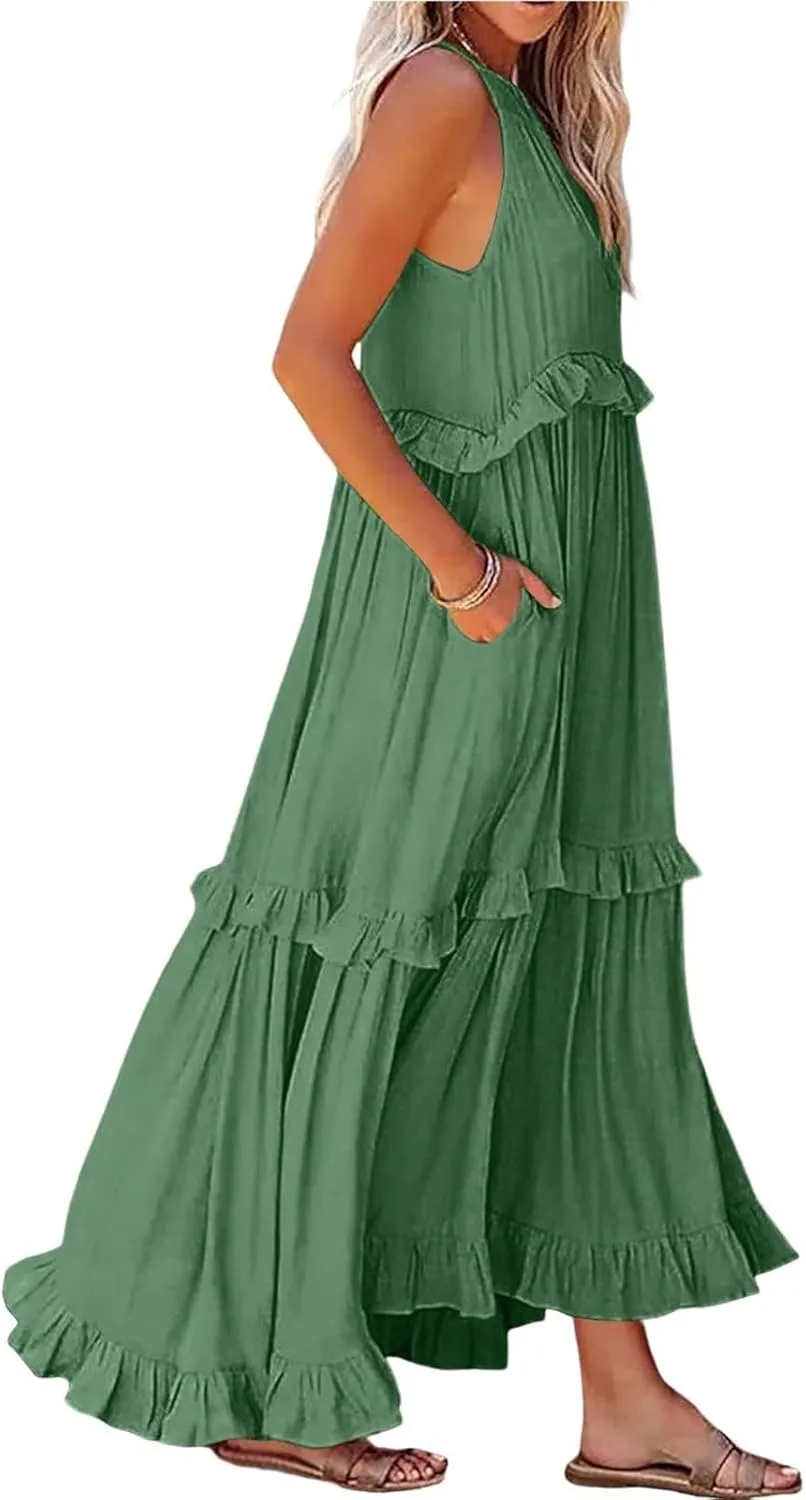 Long Dresses for Women Sleeveless Smocked Ruffle Halter Neck Maxi Dress Summer Tiered Flowy Swing A Line Sundresses