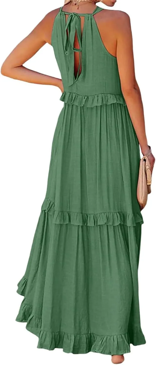 Long Dresses for Women Sleeveless Smocked Ruffle Halter Neck Maxi Dress Summer Tiered Flowy Swing A Line Sundresses