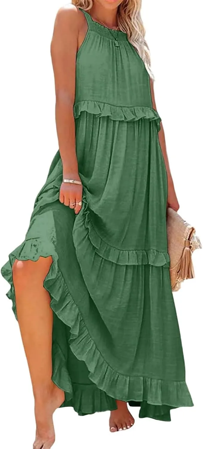 Long Dresses for Women Sleeveless Smocked Ruffle Halter Neck Maxi Dress Summer Tiered Flowy Swing A Line Sundresses