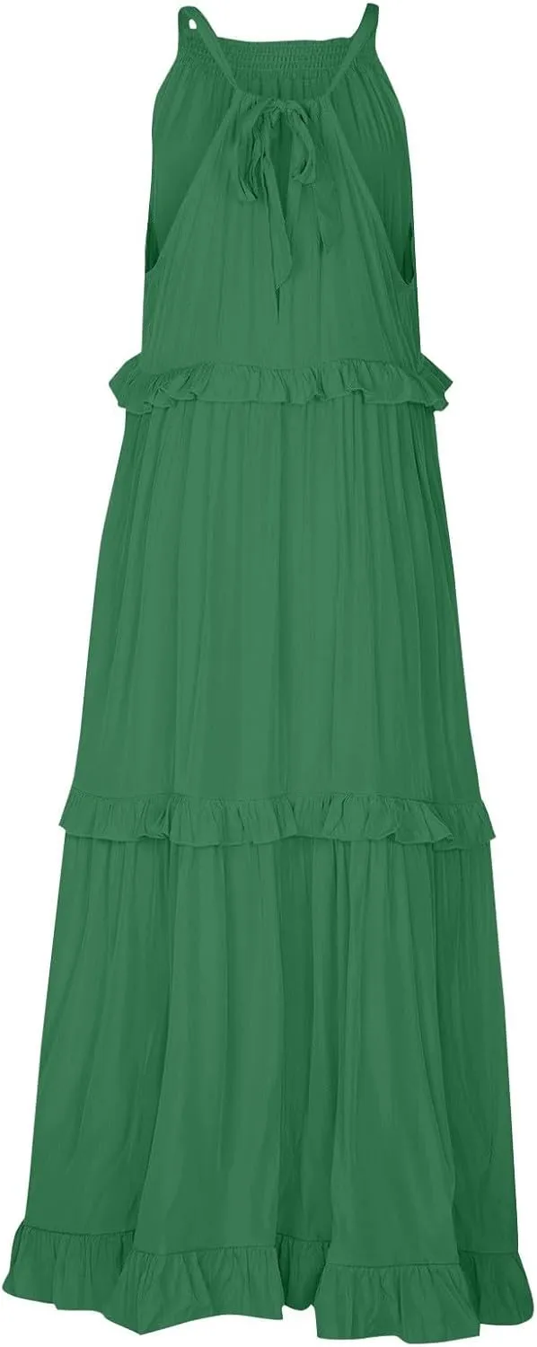 Long Dresses for Women Sleeveless Smocked Ruffle Halter Neck Maxi Dress Summer Tiered Flowy Swing A Line Sundresses