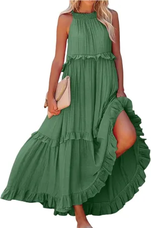 Long Dresses for Women Sleeveless Smocked Ruffle Halter Neck Maxi Dress Summer Tiered Flowy Swing A Line Sundresses