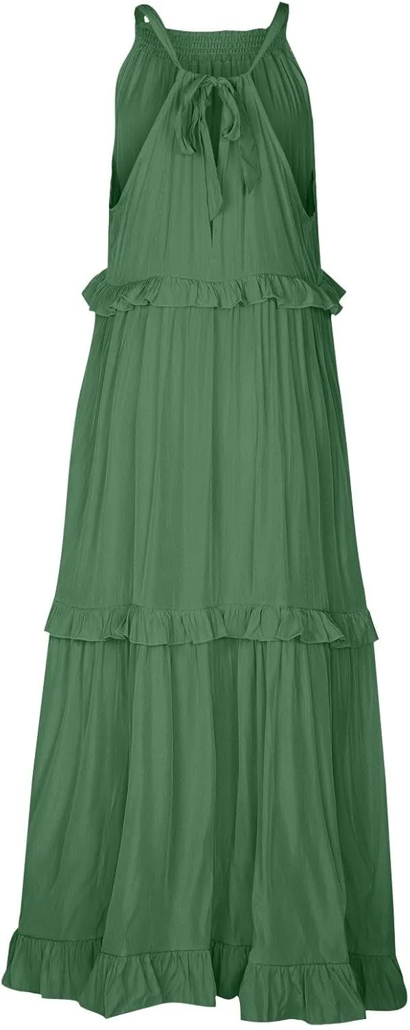 Long Dresses for Women Sleeveless Smocked Ruffle Halter Neck Maxi Dress Summer Tiered Flowy Swing A Line Sundresses