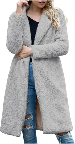 Long Fuzzy Fleece Jackets for Women Fashion Loose Long Teddy Coat Faux Fur Warm Winter Cardigan Outwear Trench Coats