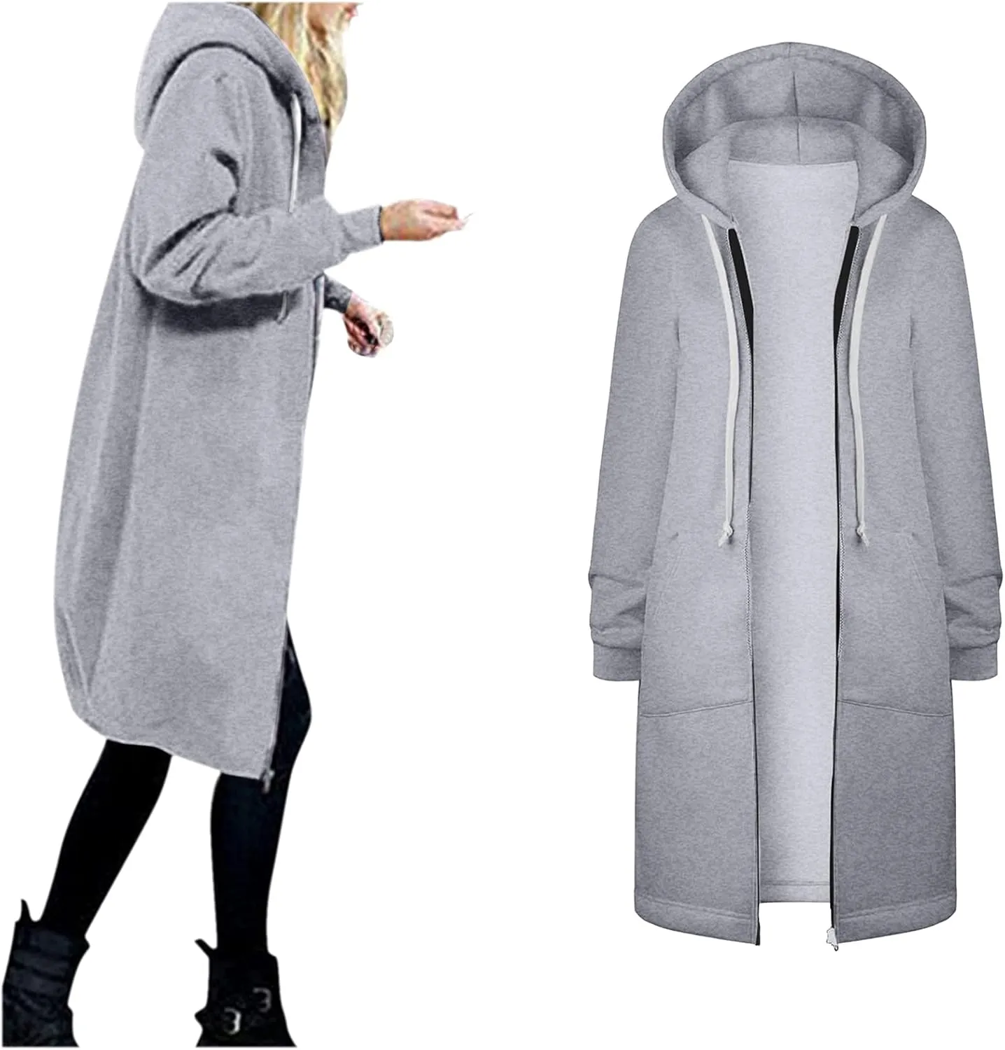 Long Hoodie for Women 2024 Casual Zip Up Drawstring Fleece Sweatshirt Oversized Jackets Coat Lightweight Fall Clothes