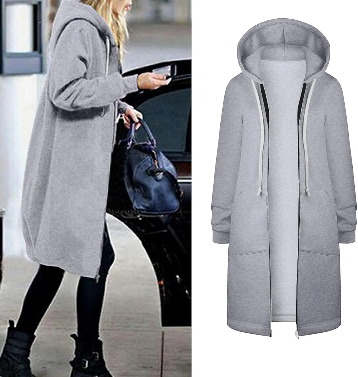 Long Hoodie for Women 2024 Casual Zip Up Drawstring Fleece Sweatshirt Oversized Jackets Coat Lightweight Fall Clothes