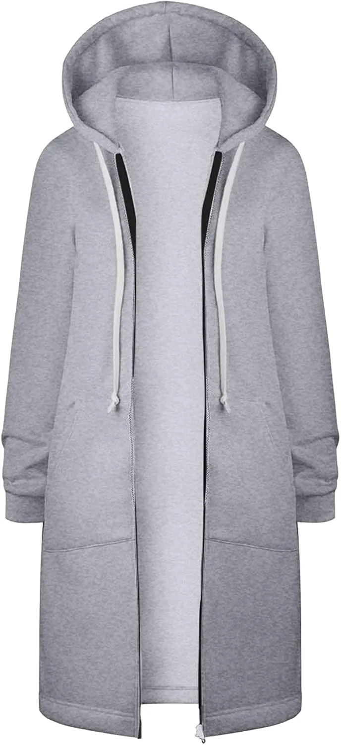Long Hoodie for Women 2024 Casual Zip Up Drawstring Fleece Sweatshirt Oversized Jackets Coat Lightweight Fall Clothes