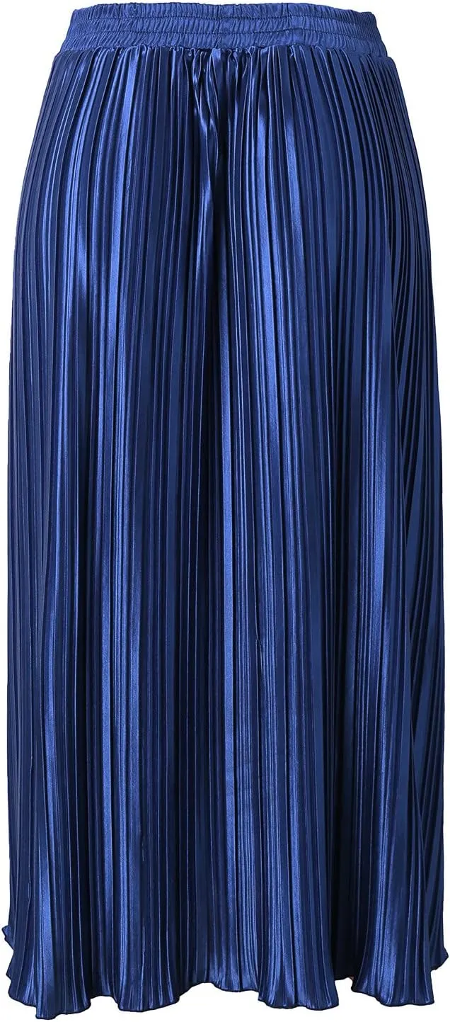 Long Skirts for Women Elastic Waist Party Shiny Accordion Pleated Midi Skirt Button Long Skirts for Women