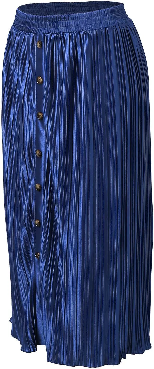 Long Skirts for Women Elastic Waist Party Shiny Accordion Pleated Midi Skirt Button Long Skirts for Women