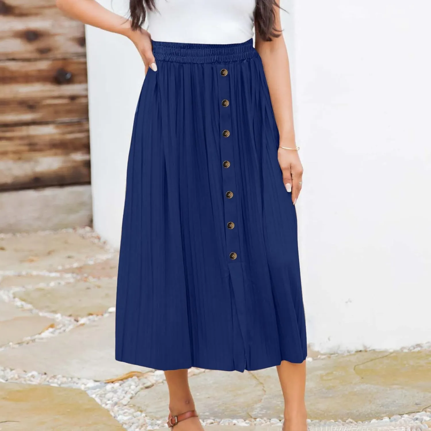 Long Skirts for Women Elastic Waist Party Shiny Accordion Pleated Midi Skirt Button Long Skirts for Women