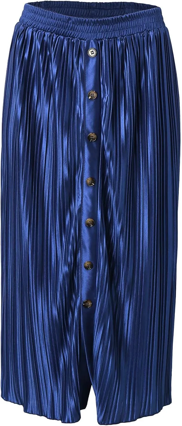 Long Skirts for Women Elastic Waist Party Shiny Accordion Pleated Midi Skirt Button Long Skirts for Women