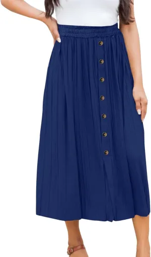 Long Skirts for Women Elastic Waist Party Shiny Accordion Pleated Midi Skirt Button Long Skirts for Women