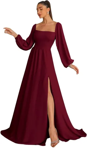 Long Sleeve Bridesmaid Dresses for Women Chiffon A-Line Square Neck Evening Formal Gown with Pockets