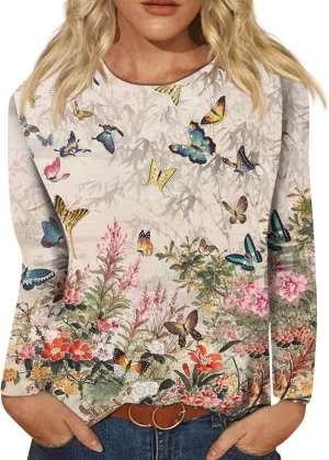 Long Sleeve Shirts for Women - Womens T Shirts Long Sleeve Crew Neck Shirts Basic Tee Sort Comfy Printed Tops Blouse